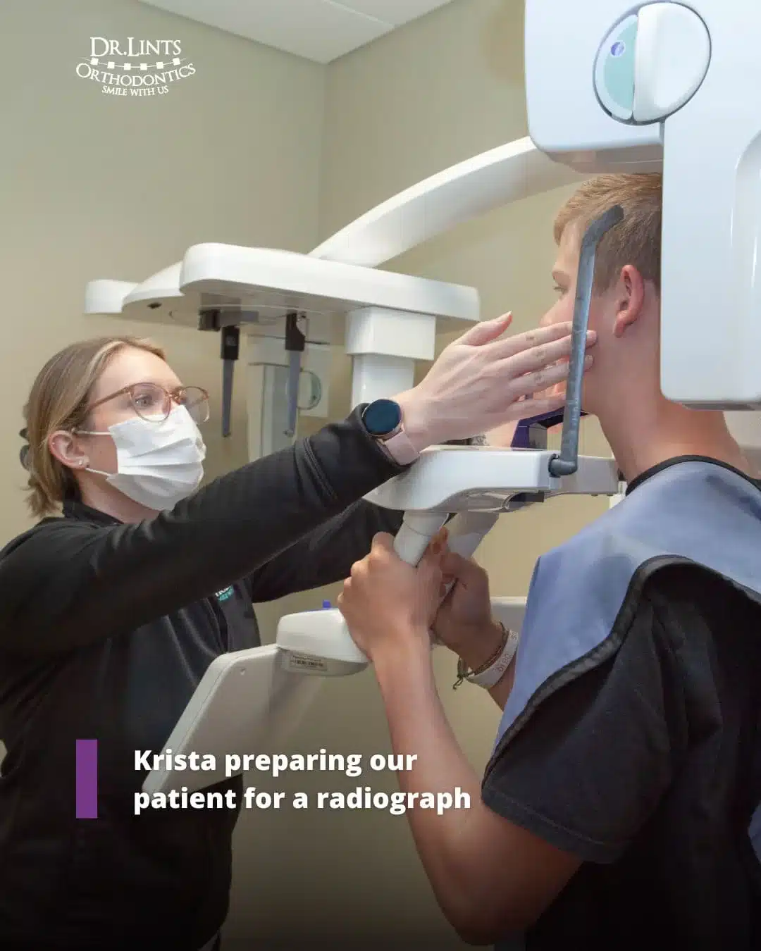 Krista preparing a patient for a dental radiograph at Dr. Lints Orthodontics